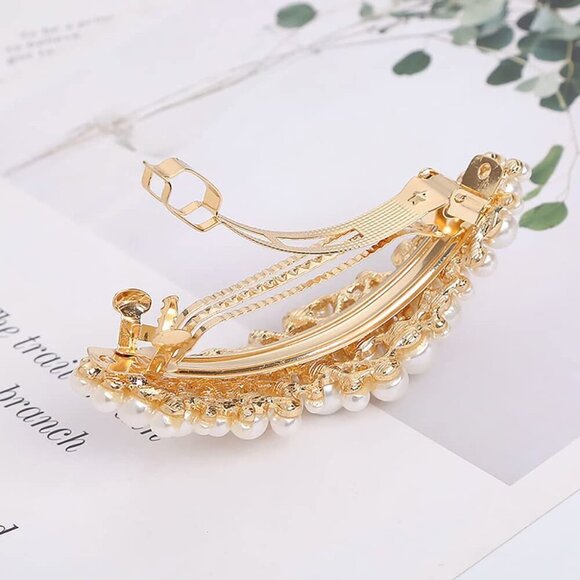 Vintage Large Pearl Hair Clips French Clasp Metal Elegant Accessory for Women Gi - Picture 3 of 7